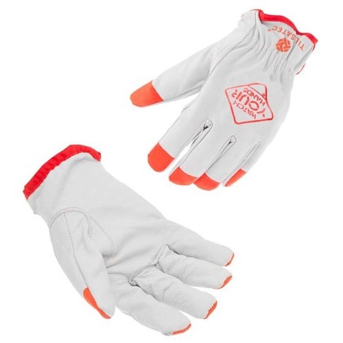 Tilsatec® TTP230WYH2XL Driver Gloves, 2X-Large, Soft Goatskin Leather, Shirred Wrist Cuff, Resists: Cut, Puncture, ANSI Cut-Resistance Level: A6, ANSI Puncture-Resistance Level: 4, Right/Left Hand, White/Hi-Viz Orange